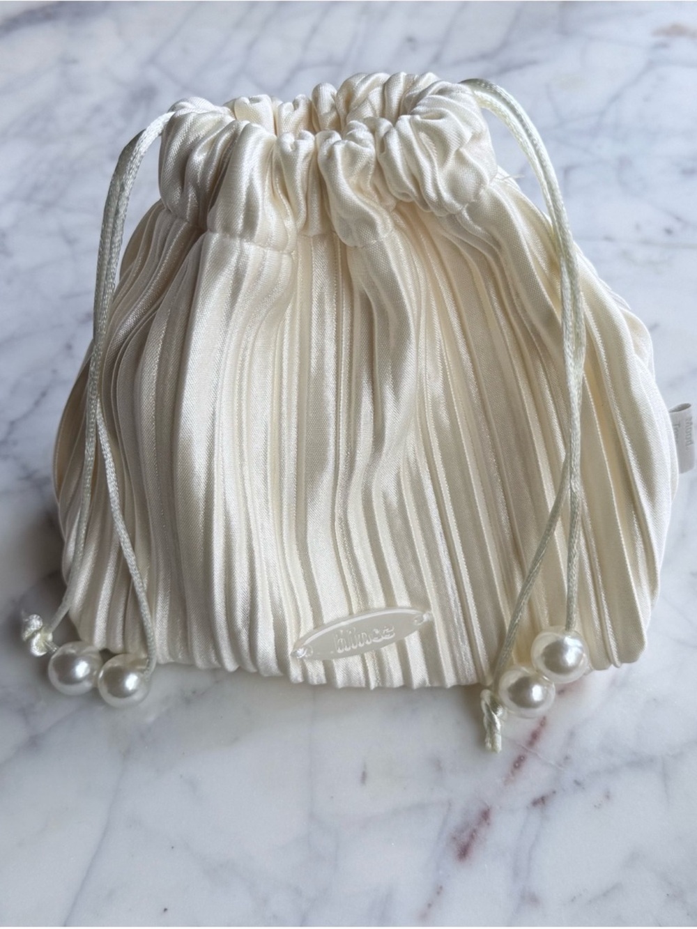 Cream Satin Pleated Drawstring Mini Pouch Makeup Bag with Pearl Accents